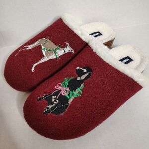 Lands End Sherpa Lined Maroon Clog House Slippers Holiday Dogs Women's 7B New